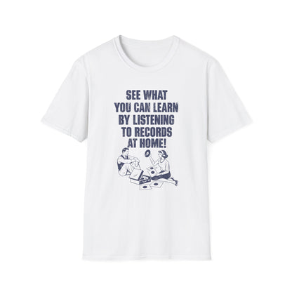 White t-shirt with blue text and illustration of a couple listening to records.