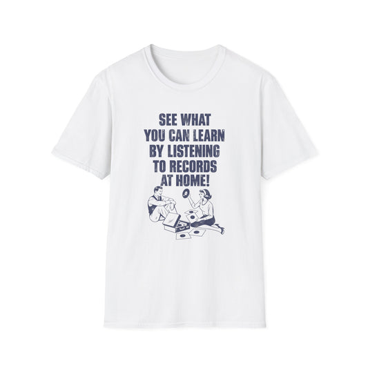White t-shirt with blue text and illustration of a couple listening to records.