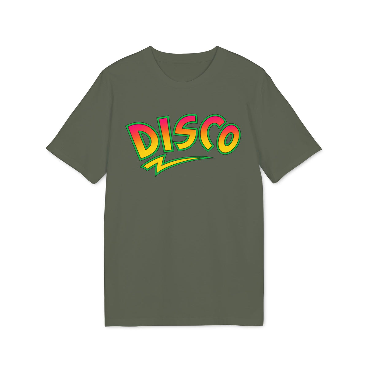 Green t-shirt with colorful "DISCO" text and a lightning bolt graphic.