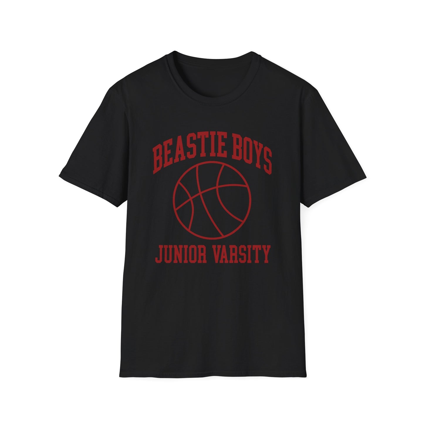 Black T-shirt with red "Beastie Boys Junior Varsity" text and basketball graphic.