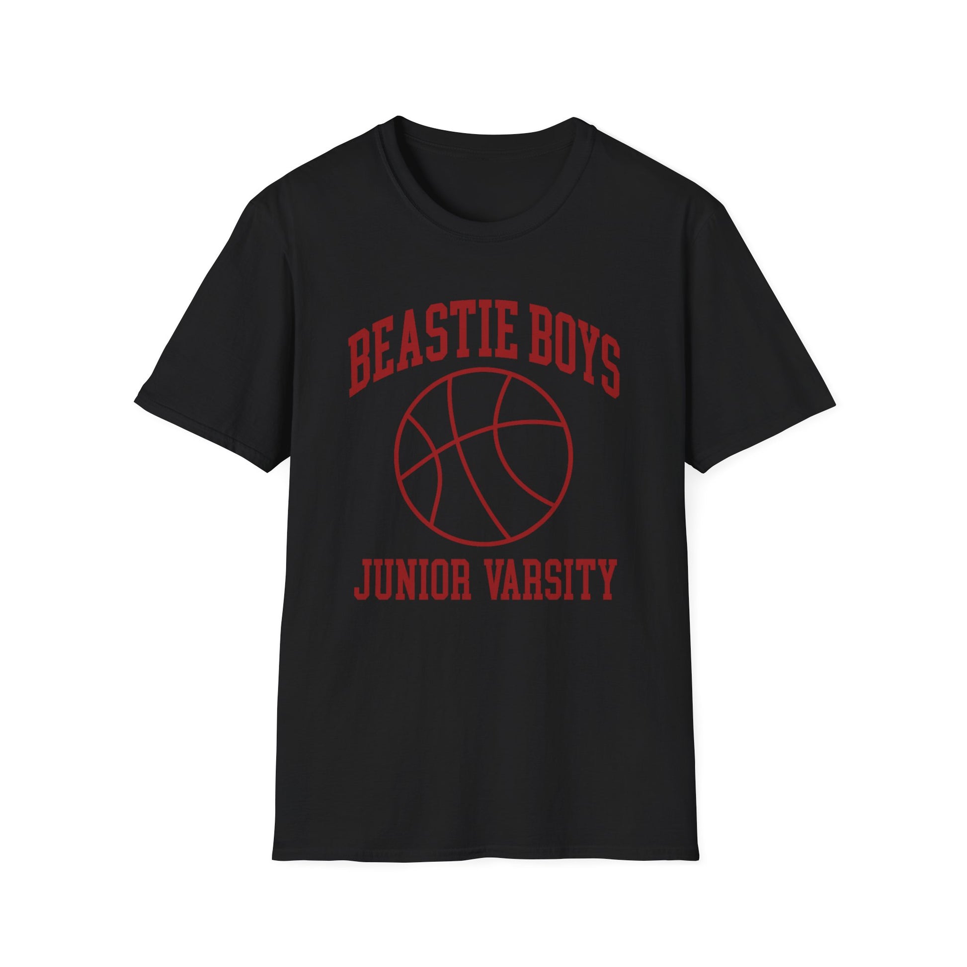 Black T-shirt with red "Beastie Boys Junior Varsity" text and basketball graphic.
