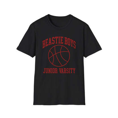 Black T-shirt with red "Beastie Boys Junior Varsity" text and basketball graphic.