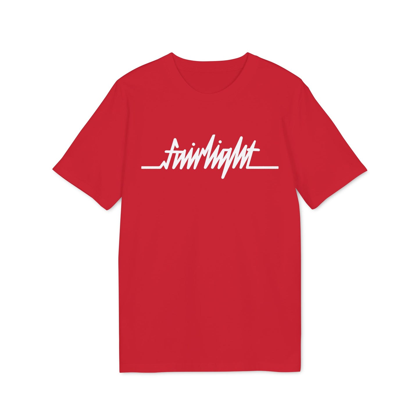 Red t-shirt with white "fairlight" text and horizontal line.