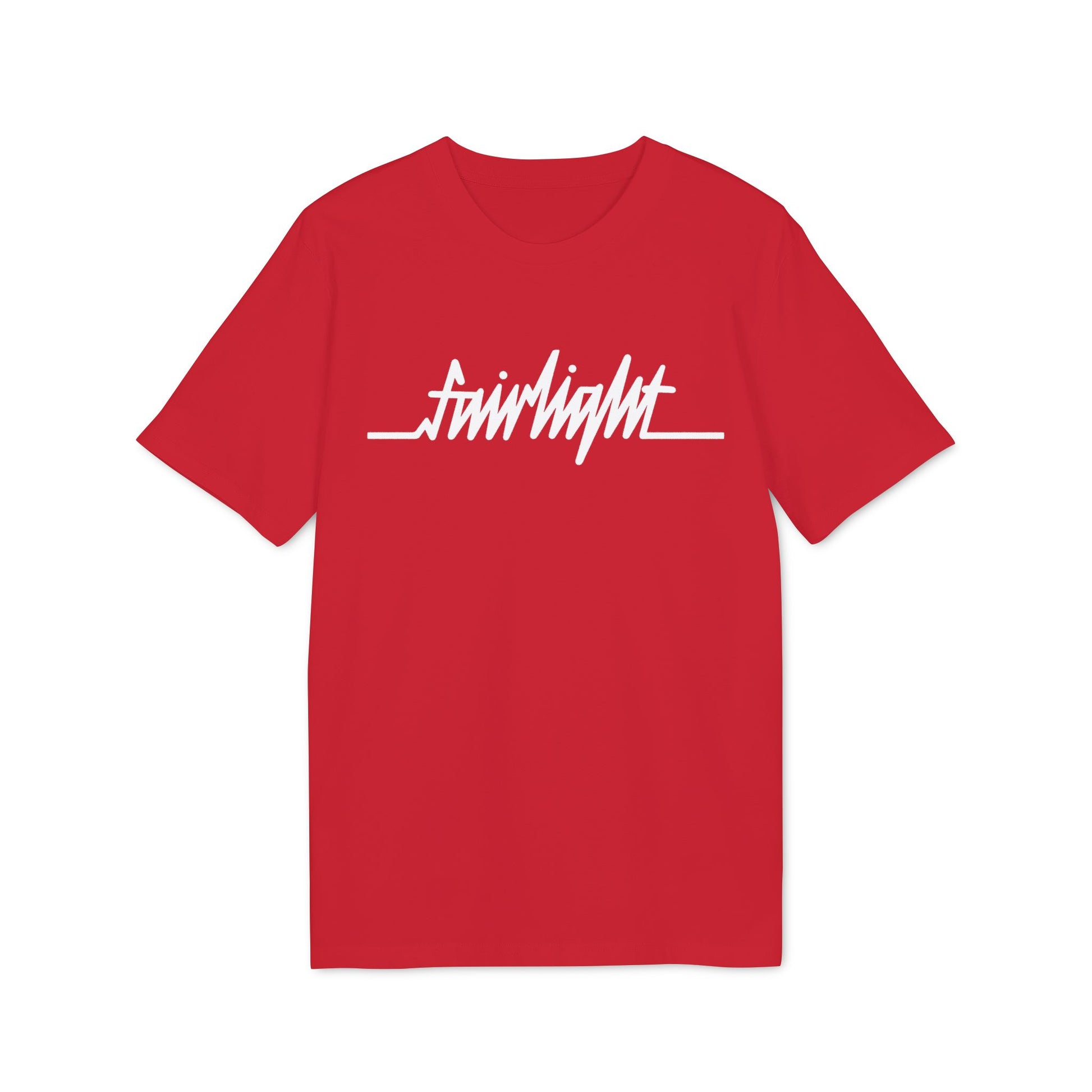 Red t-shirt with white "fairlight" text and horizontal line.