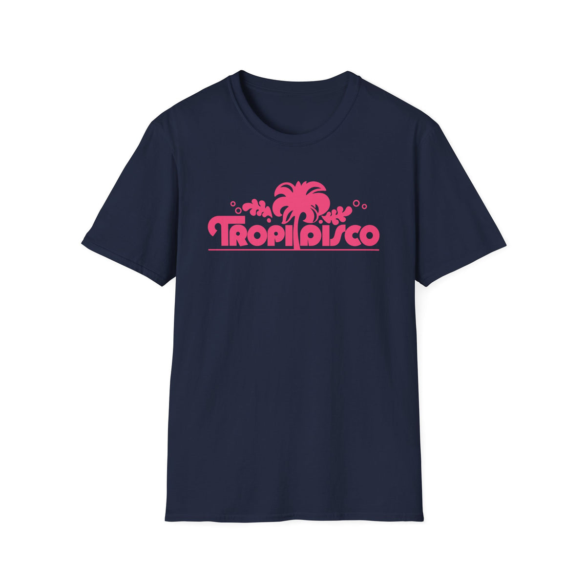 Navy t-shirt with pink "Tropi Disco" palm tree graphic.