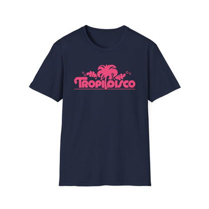 Navy t-shirt with pink "Tropi Disco" palm tree graphic.