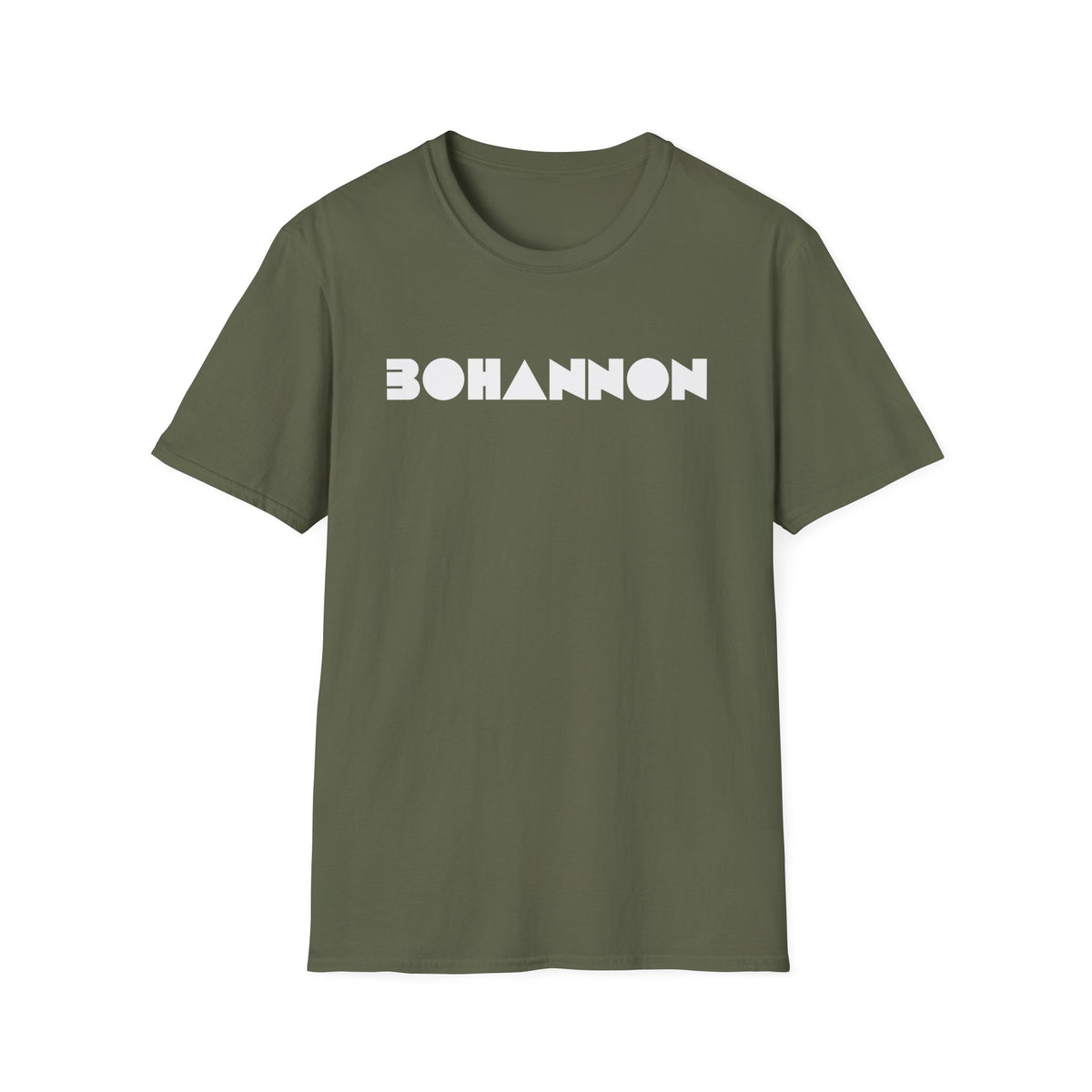 Olive green t-shirt with white "BOHANNON" text and geometric shapes.