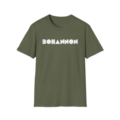 Olive green t-shirt with white "BOHANNON" text and geometric shapes.