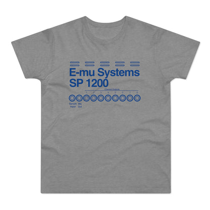 Grey t-shirt with blue E-mu Systems SP 1200 graphic featuring channel outputs.
