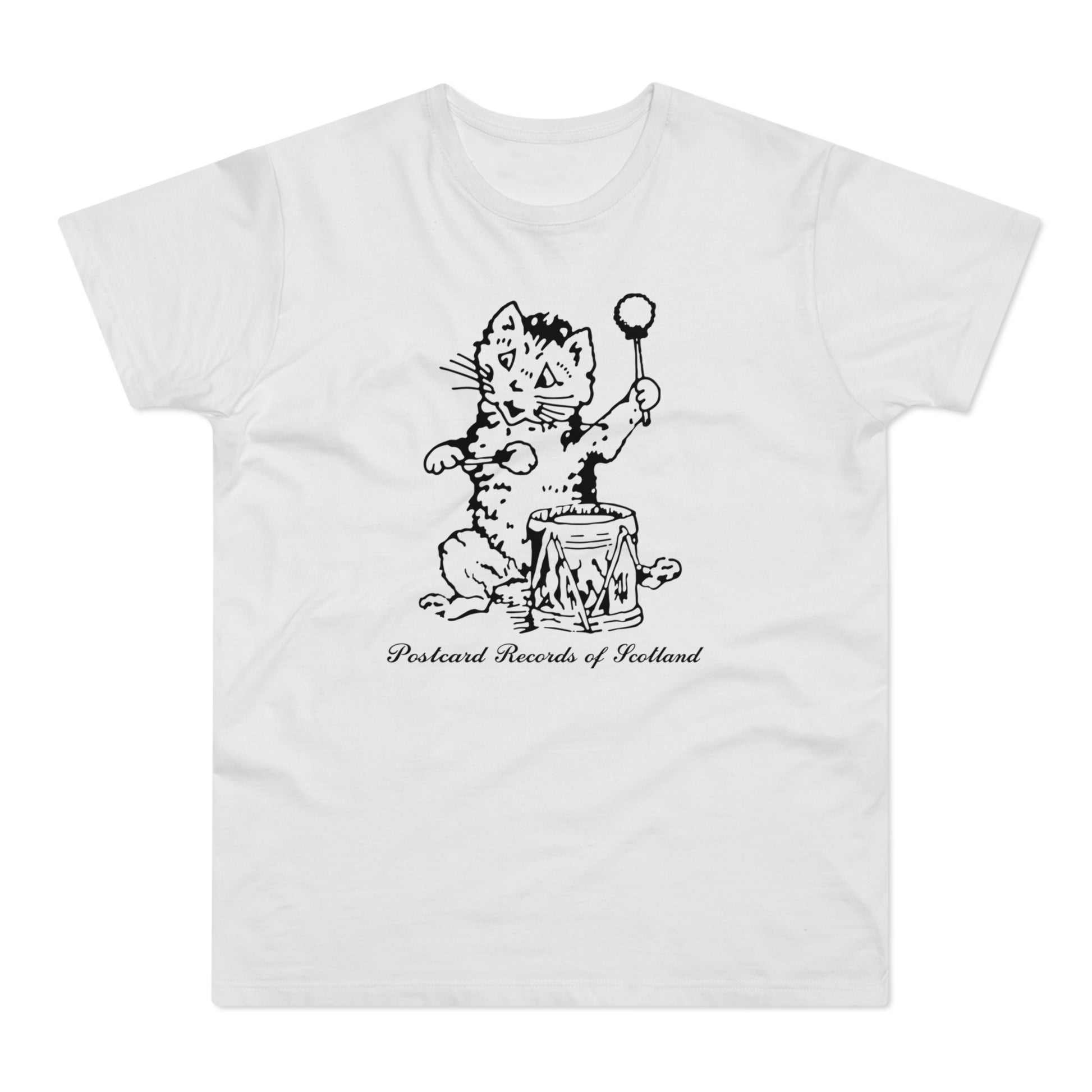 Illustration of a cat playing a drum with "Postcard Records of Scotland" text.