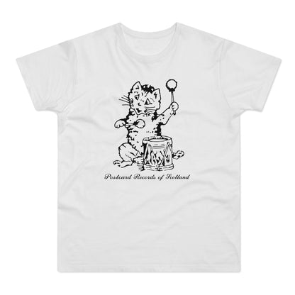 Illustration of a cat playing a drum with "Postcard Records of Scotland" text.