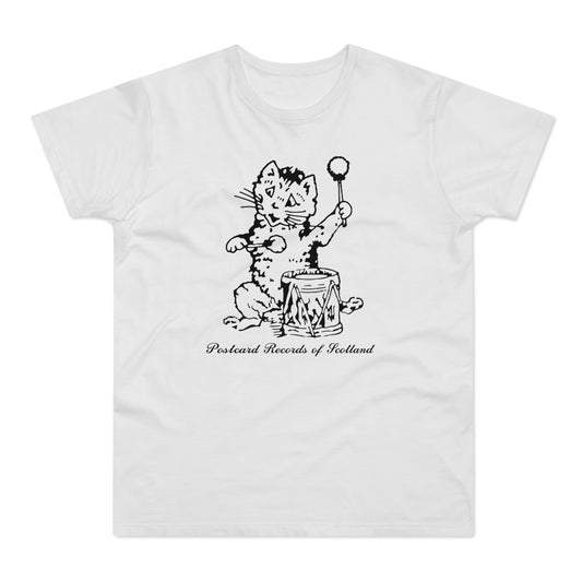 Illustration of a cat playing a drum with "Postcard Records of Scotland" text.