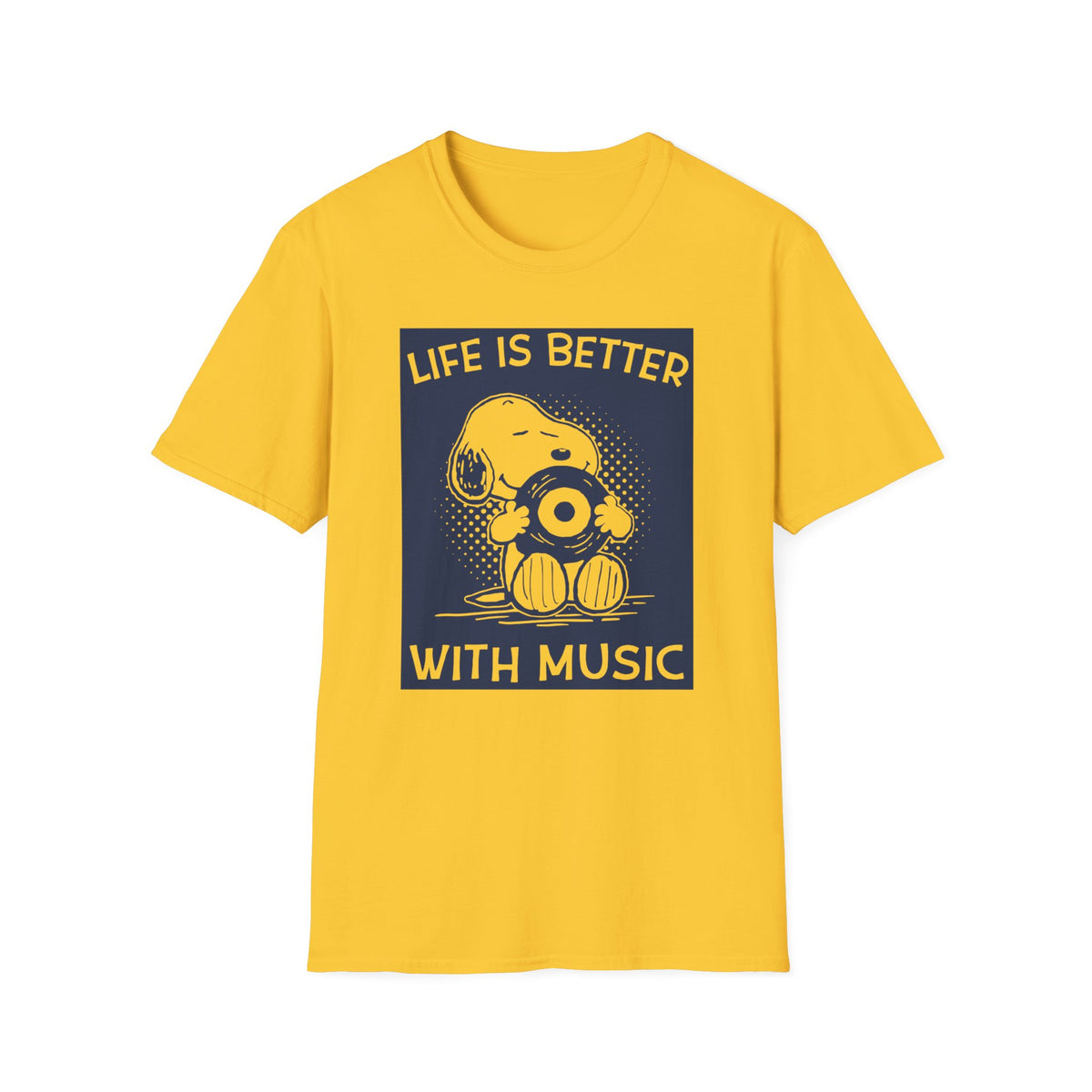 Yellow t-shirt with Snoopy holding a vinyl record and text "Life is Better With Music".