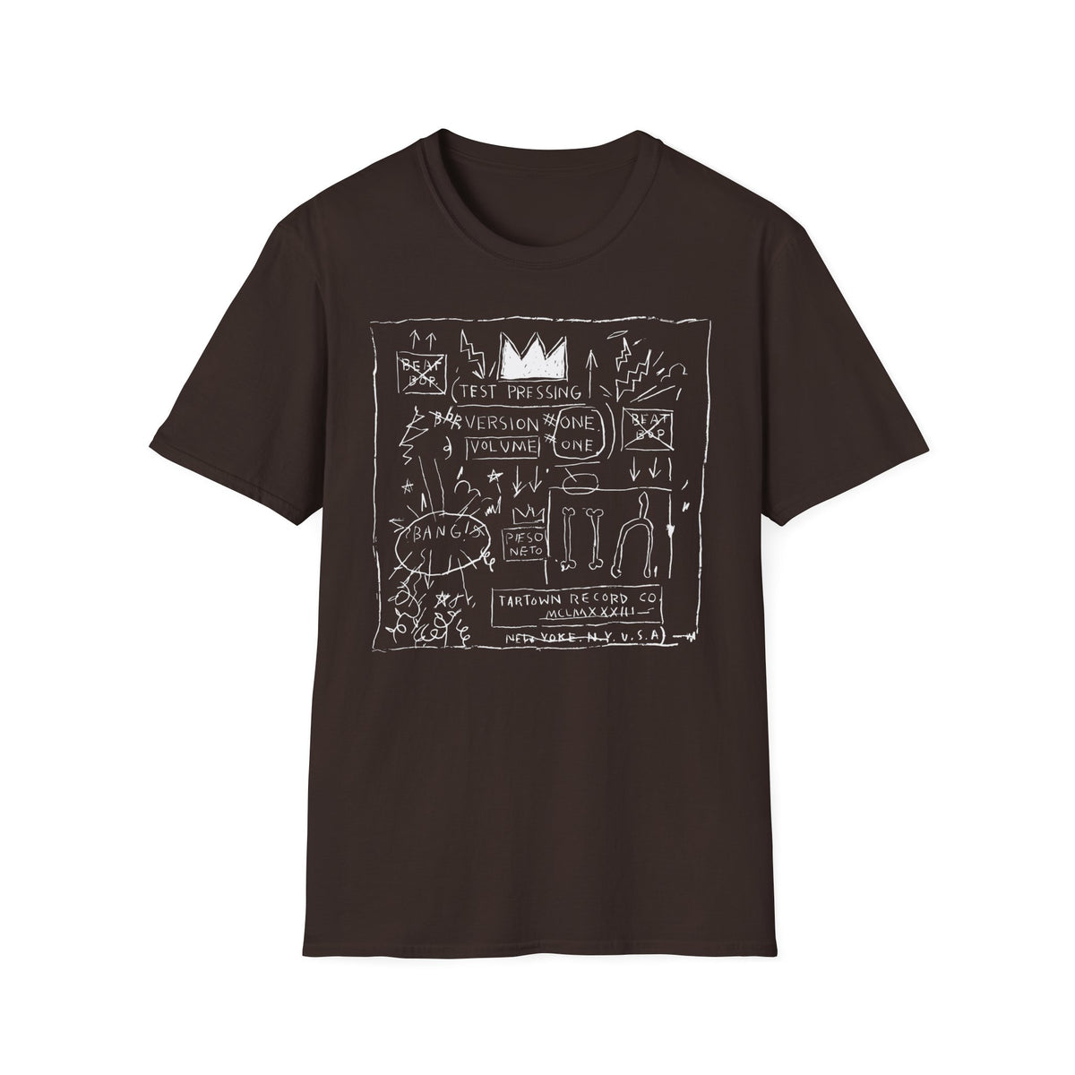 Brown t-shirt with white line drawing featuring a crown, text, and abstract elements.