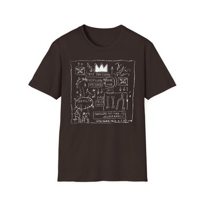 Brown t-shirt with white line drawing featuring a crown, text, and abstract elements.
