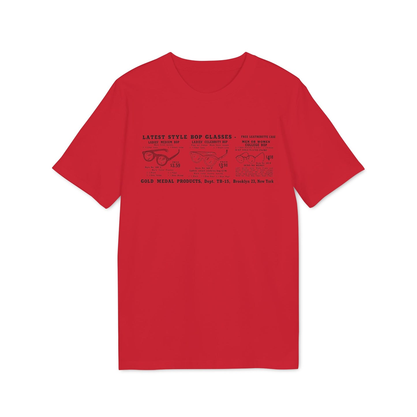 Bop glasses catalog page on red t-shirt: Medium, Celebrity, and College styles.