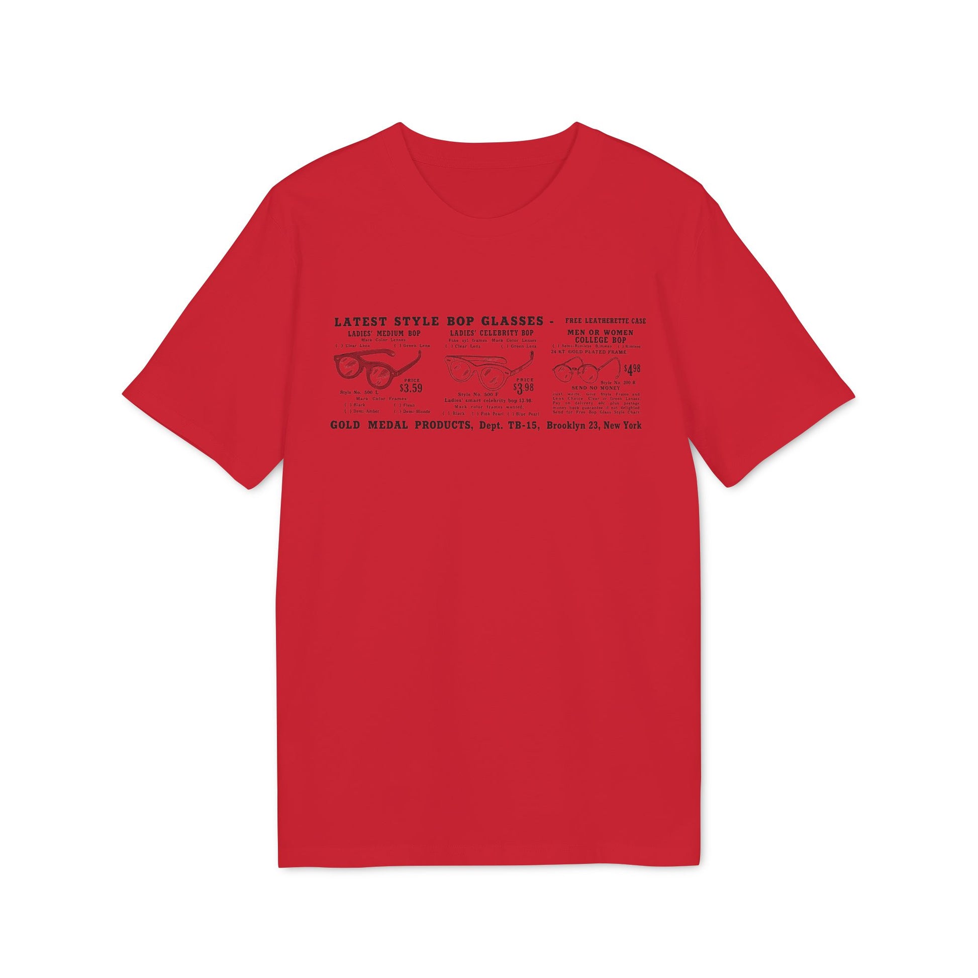 Bop glasses catalog page on red t-shirt: Medium, Celebrity, and College styles.