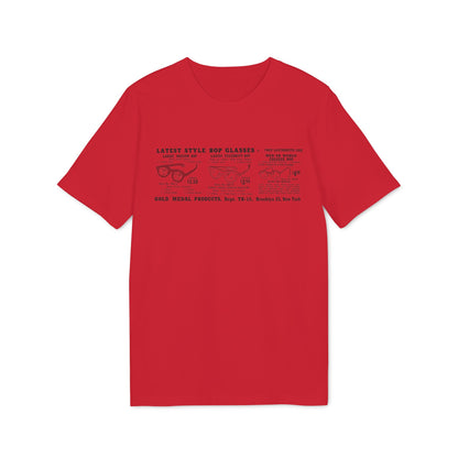 Bop glasses catalog page on red t-shirt: Medium, Celebrity, and College styles.