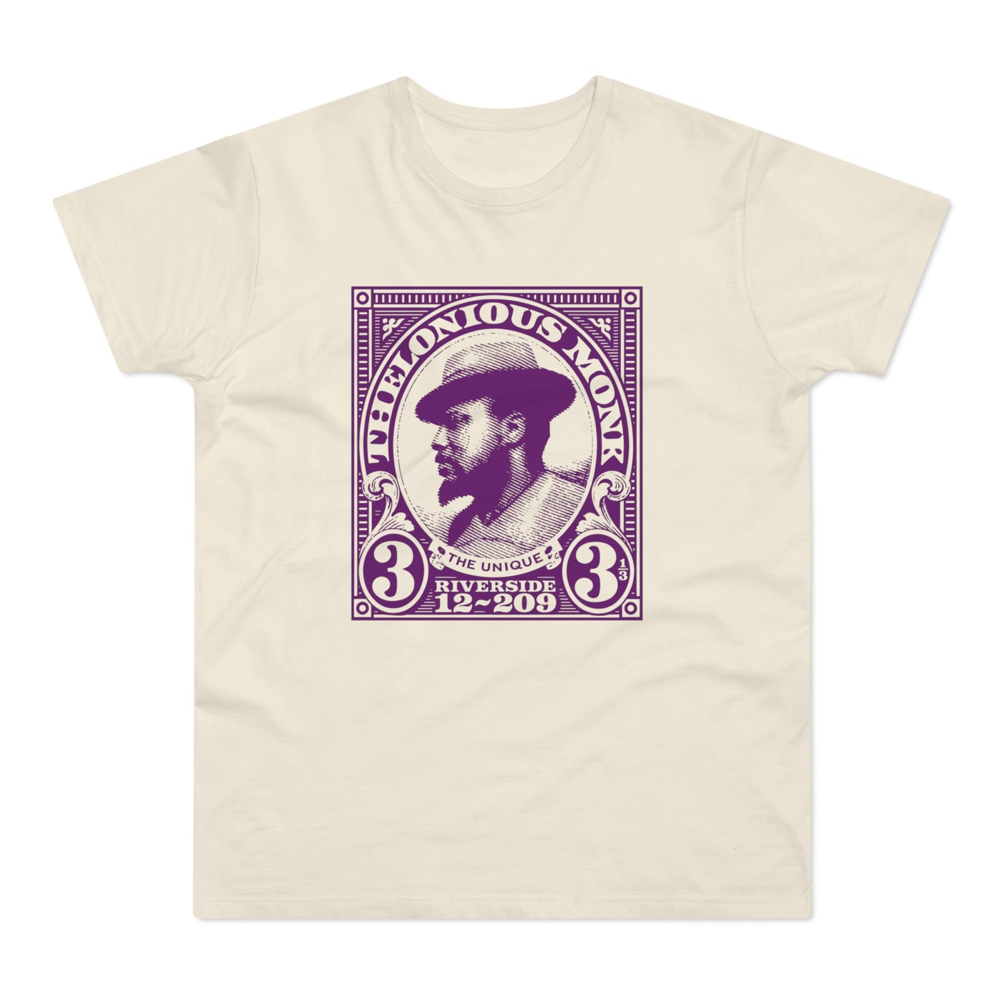 Cream t-shirt with a purple stamp graphic of Thelonious Monk.