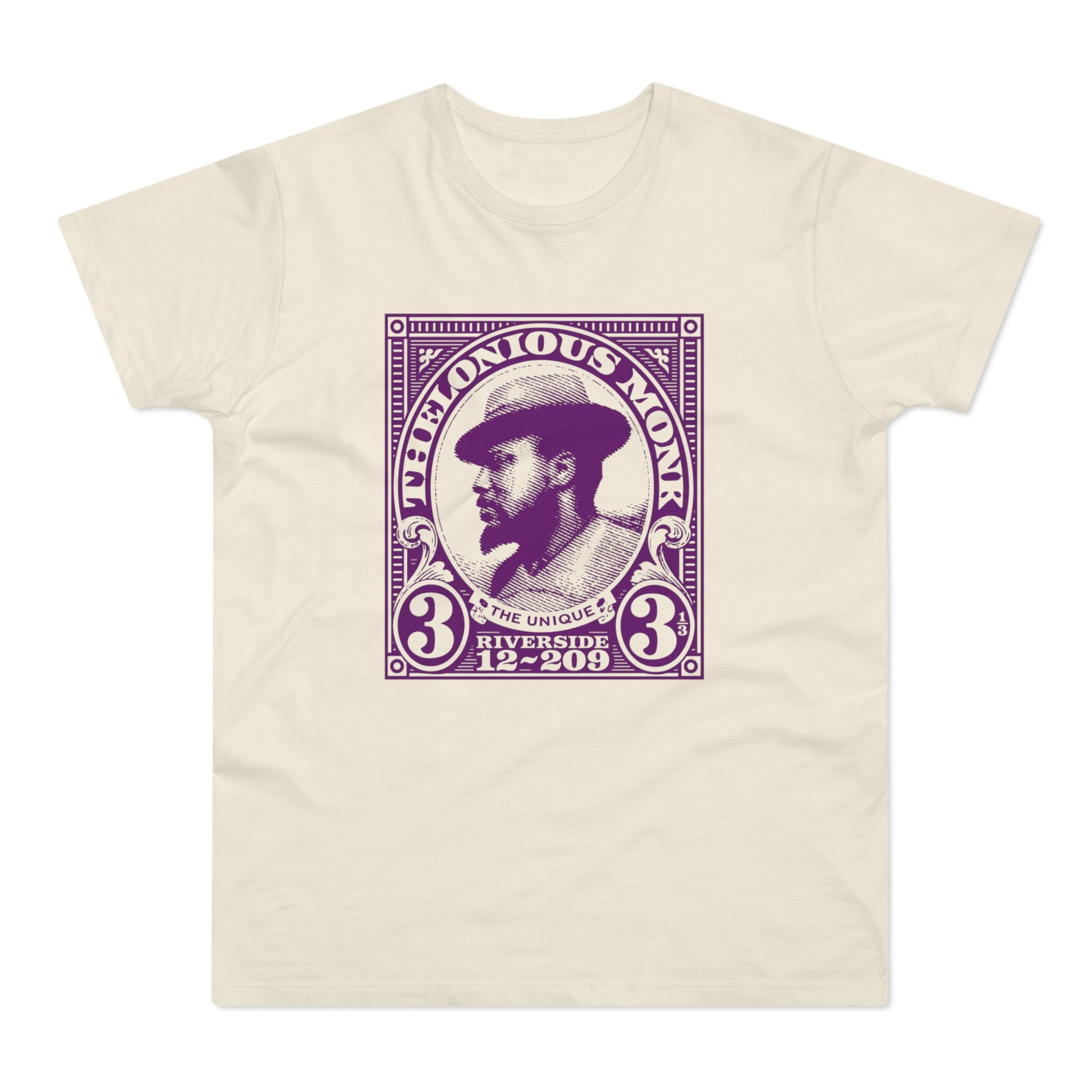 Cream t-shirt with a purple stamp graphic of Thelonious Monk.