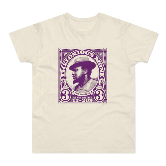 Cream t-shirt with a purple stamp graphic of Thelonious Monk.