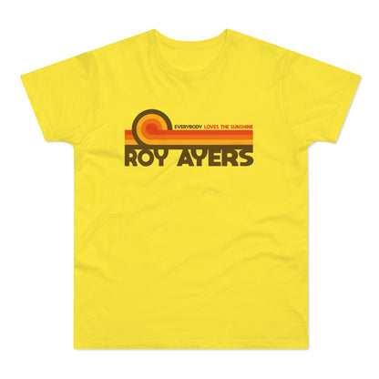Yellow t-shirt with "ROY AYERS" text and a retro sunset graphic.