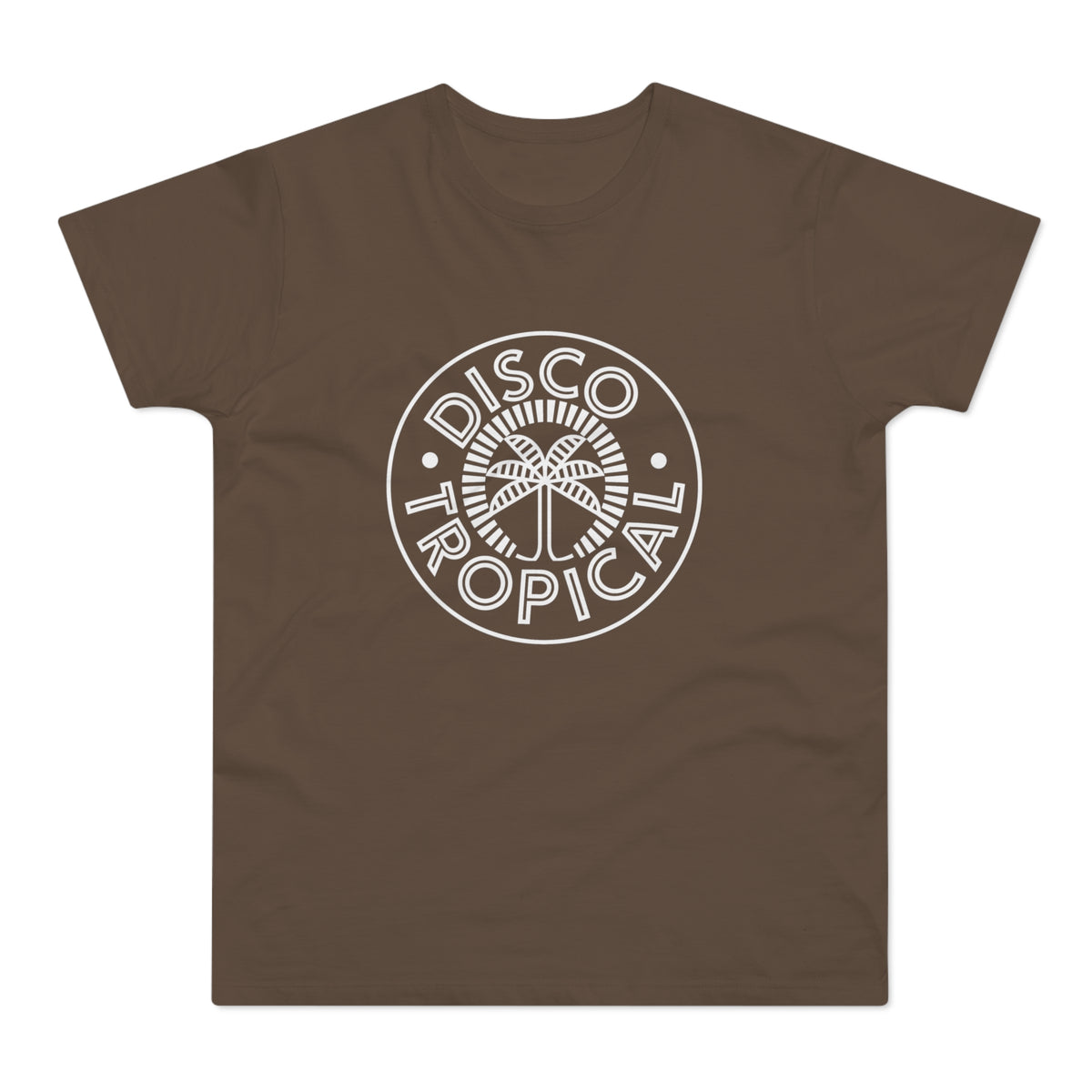 Brown t-shirt with white "Disco Tropical" circular logo featuring a palm tree.