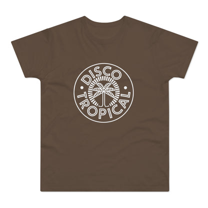 Brown t-shirt with white "Disco Tropical" circular logo featuring a palm tree.