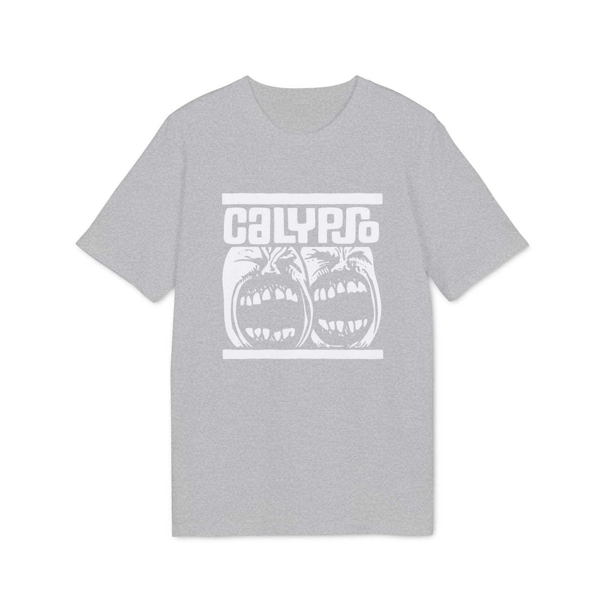 Grey t-shirt with white text "CALYPSO" and two screaming faces graphic.