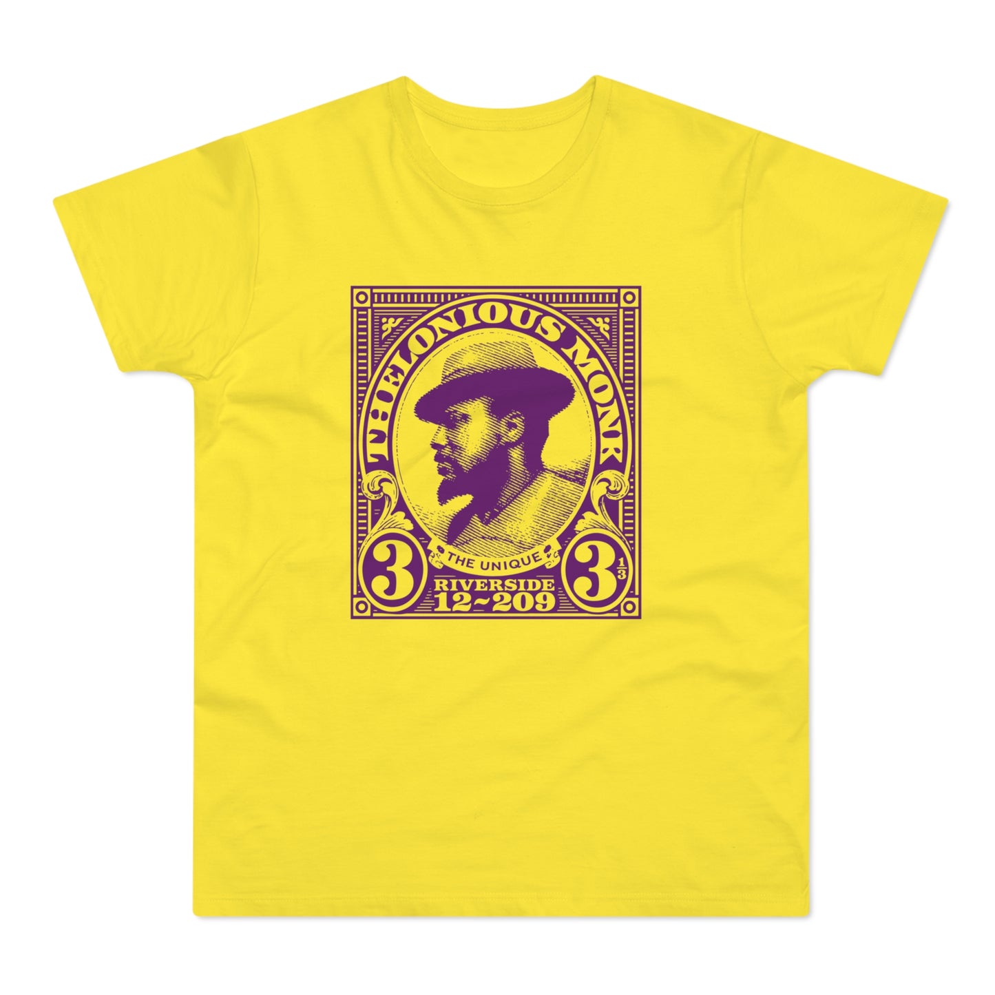 Yellow t-shirt with purple Thelonious Monk stamp graphic.