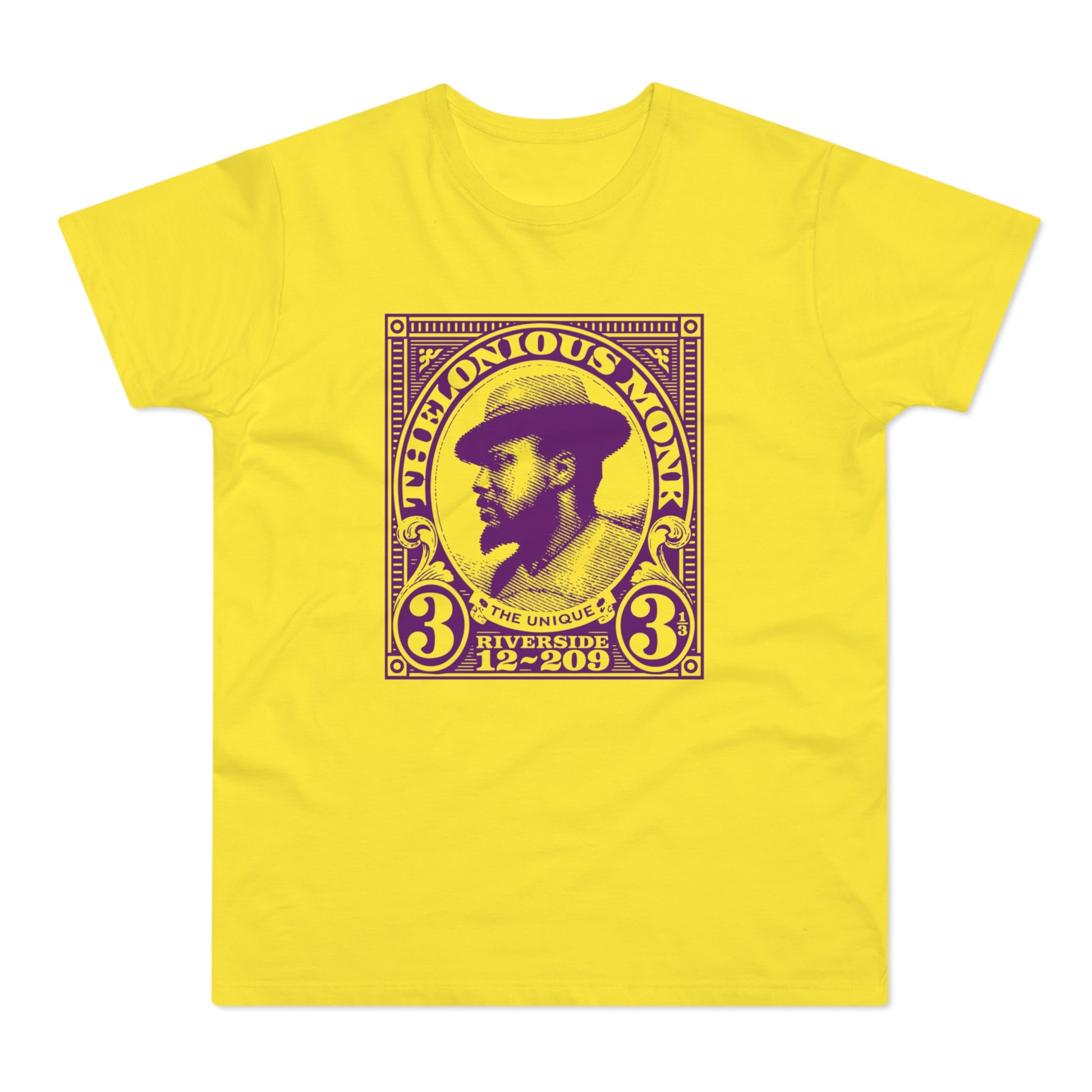 Yellow t-shirt with purple Thelonious Monk stamp graphic.