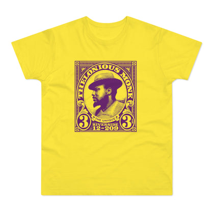 Yellow t-shirt with purple Thelonious Monk stamp graphic.