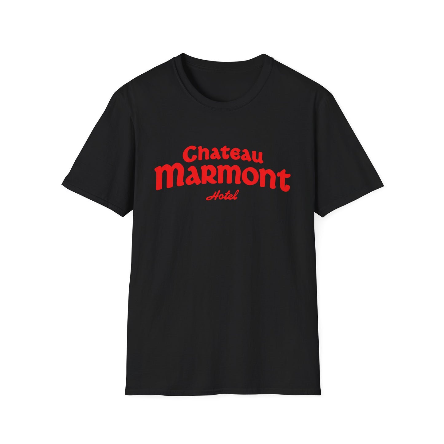 Black t-shirt with red Chateau Marmont Hotel text graphic