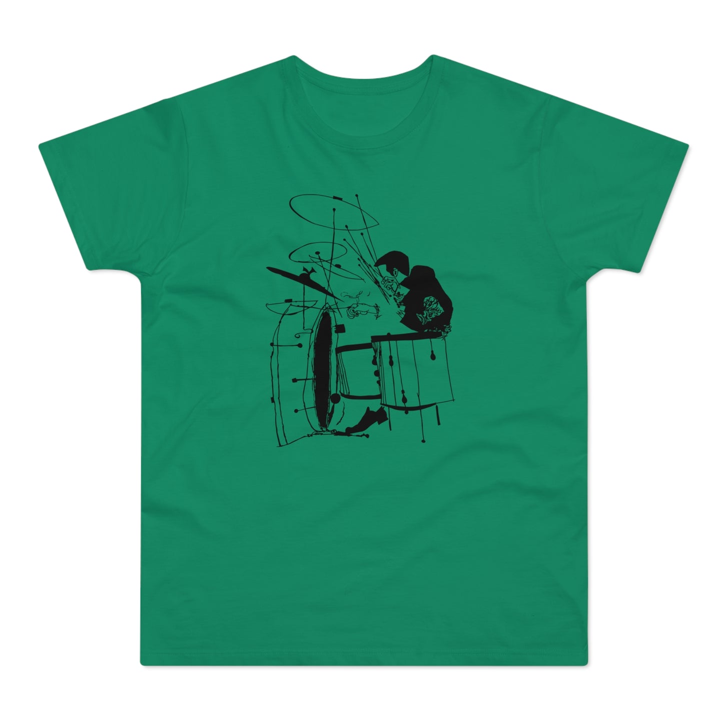Black ink sketch of a drummer playing a drum set on a green t-shirt.