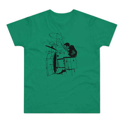 Black ink sketch of a drummer playing a drum set on a green t-shirt.