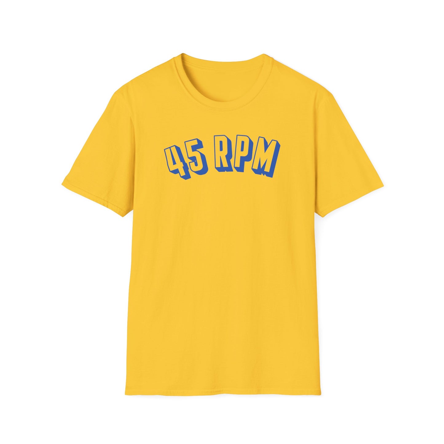 Yellow short-sleeve t-shirt with blue "45 RPM" text graphic.