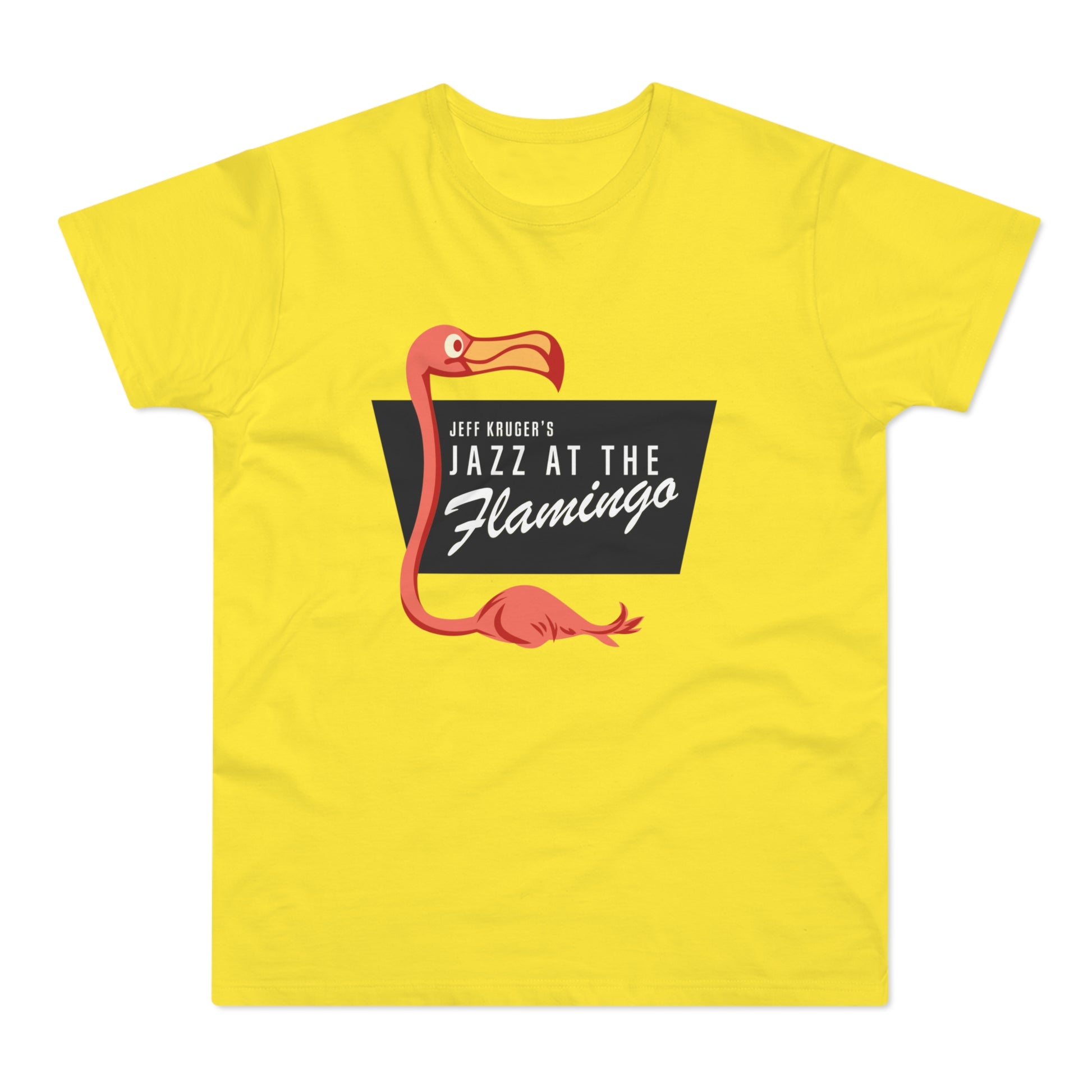 Yellow t-shirt with a pink flamingo and text "Jeff Kruger's Jazz at the Flamingo."