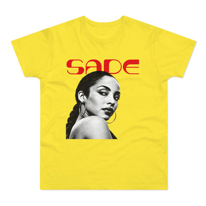 Yellow t-shirt with red "SADE" text and a black and white portrait of Sade Adu.