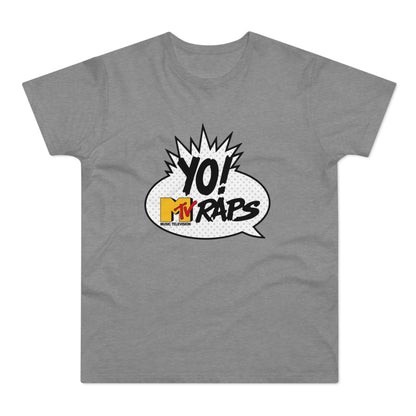 Grey t-shirt with "YO! MTV RAPS" logo in a comic bubble on the chest.