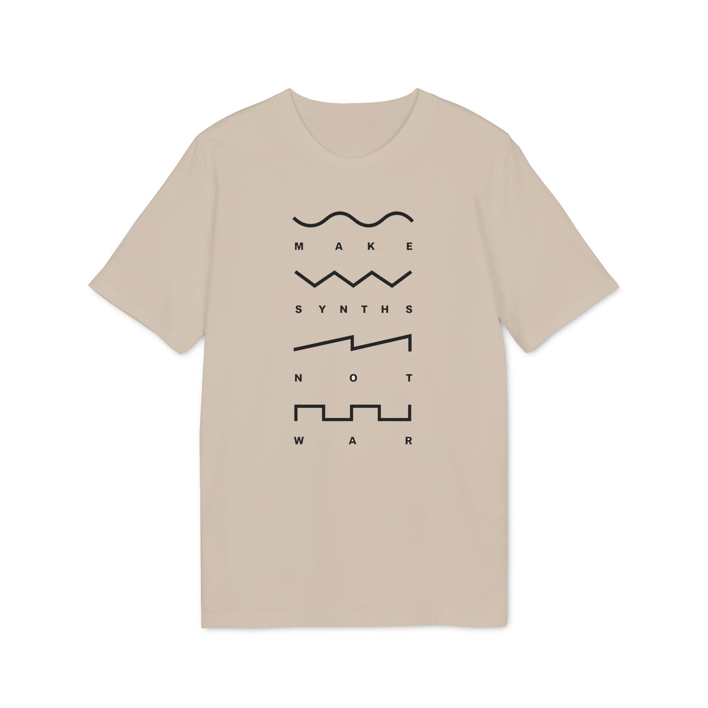 Light tan t-shirt with black text and abstract waveform graphics.