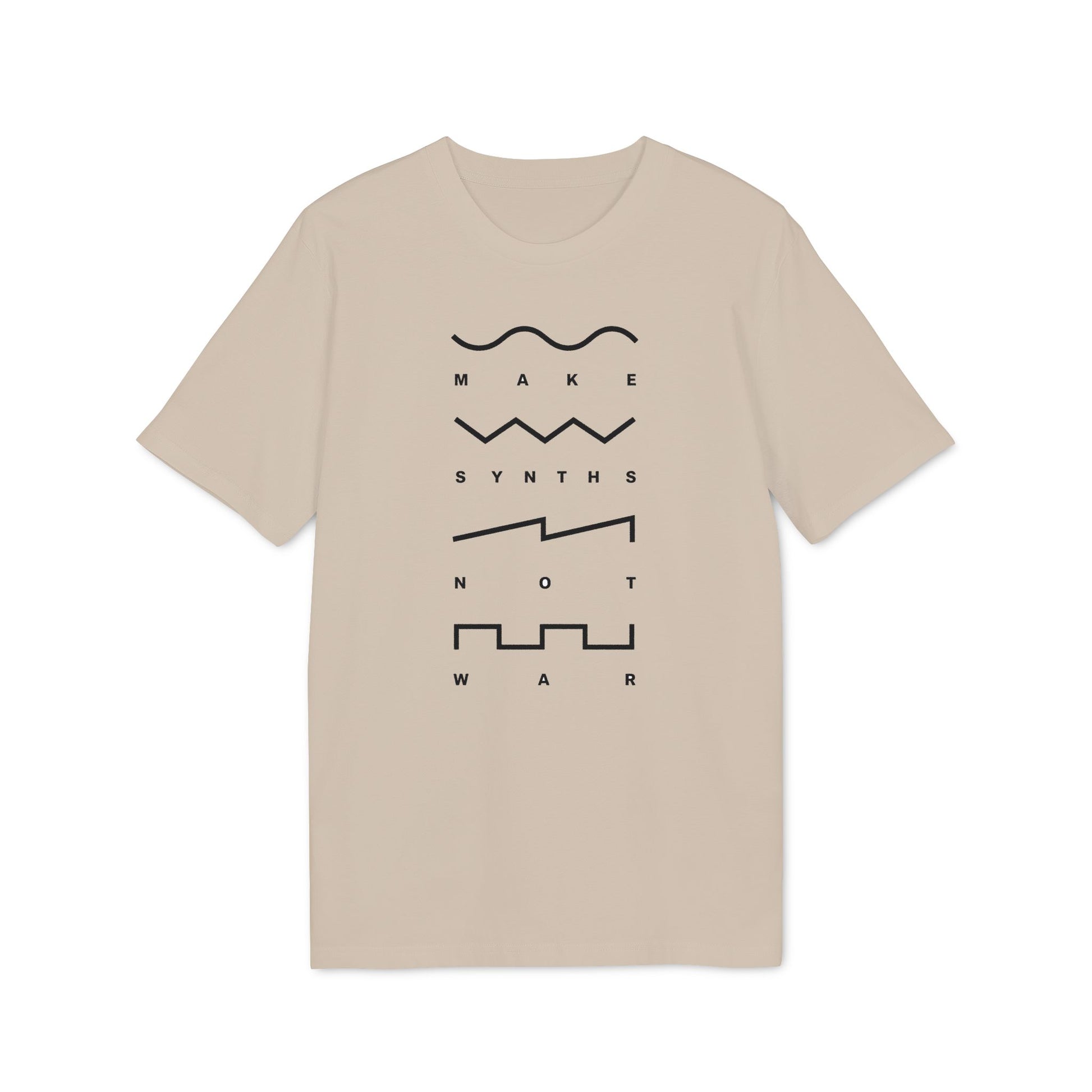 Light tan t-shirt with black text and abstract waveform graphics.