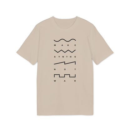 Light tan t-shirt with black text and abstract waveform graphics.