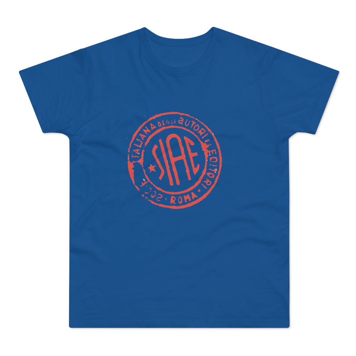 Blue t-shirt with a distressed red SIAE logo and text "ITALIANA DEGLI AUTORI E EDITORI ROMA 2002".
