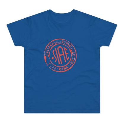 Blue t-shirt with a distressed red SIAE logo and text "ITALIANA DEGLI AUTORI E EDITORI ROMA 2002".