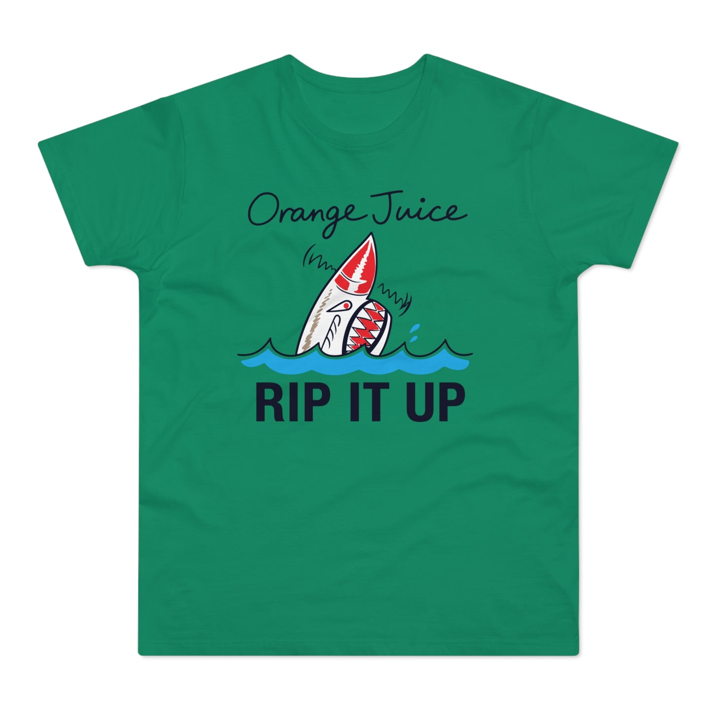 Green t-shirt with text "Orange Juice" and a shark jumping from water saying "RIP IT UP".