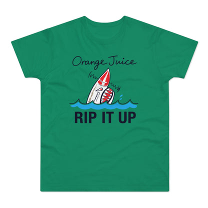 Green t-shirt with text "Orange Juice" and a shark jumping from water saying "RIP IT UP".