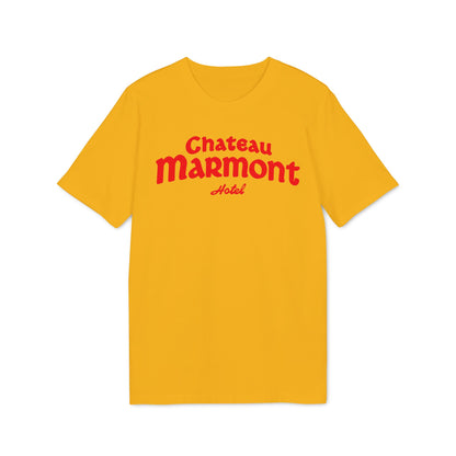 Yellow t-shirt with red "Chateau Marmont Hotel" text.