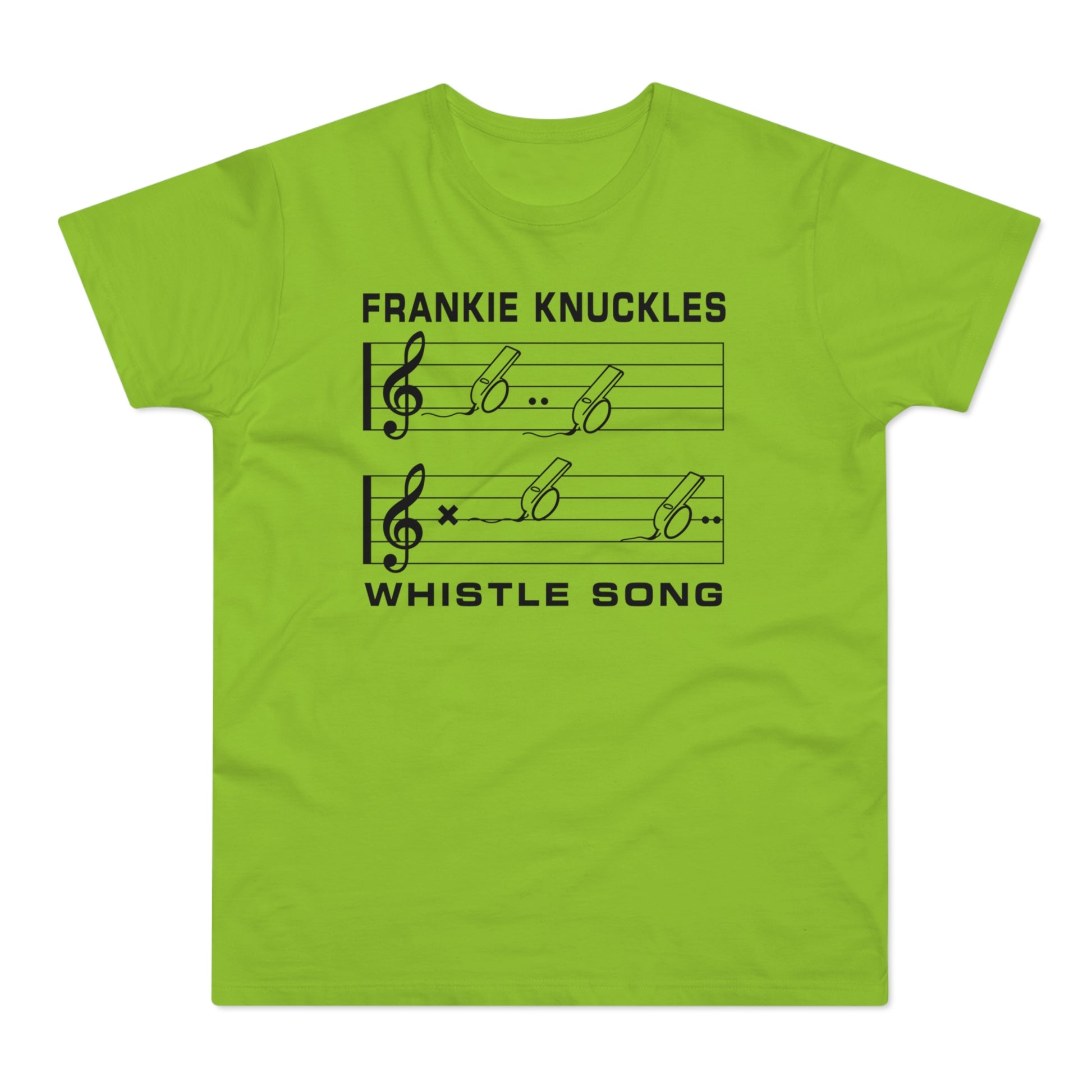 Frankie Knuckles Whistle Song graphic on a lime green t-shirt.