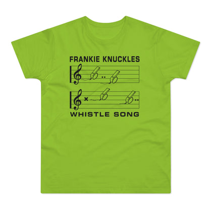 Frankie Knuckles Whistle Song graphic on a lime green t-shirt.