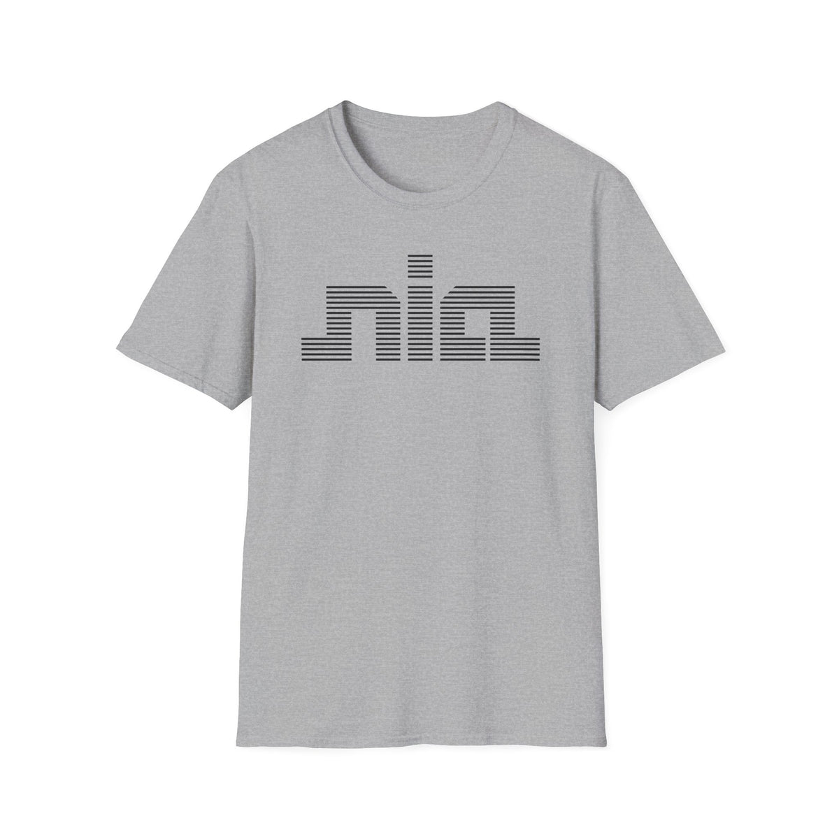 Grey t-shirt with black horizontal striped "nia" logo centered on chest.